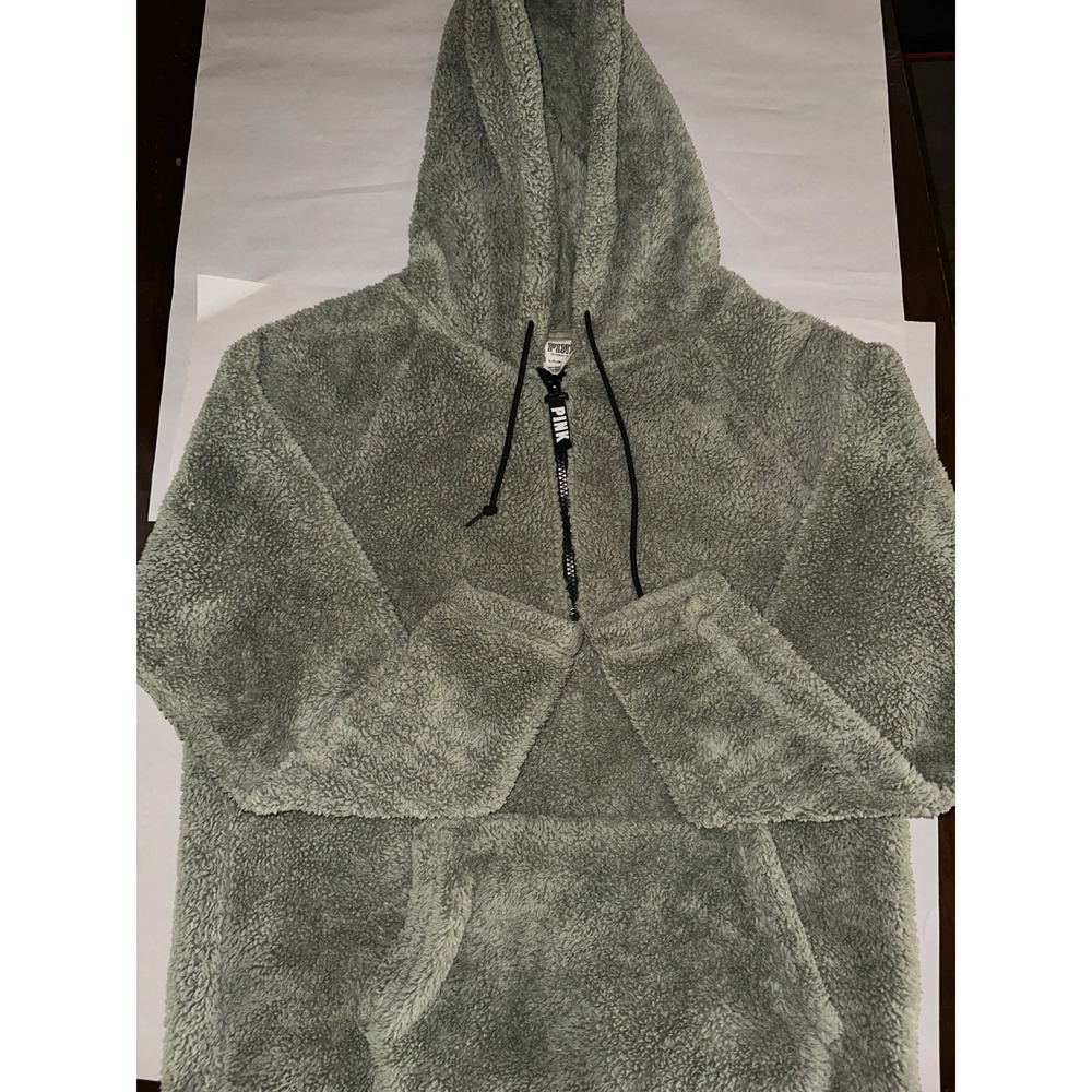 PINK Victoria's Secret Sherpa Fleece Hoodie Sage Green Half Zip Pullover S